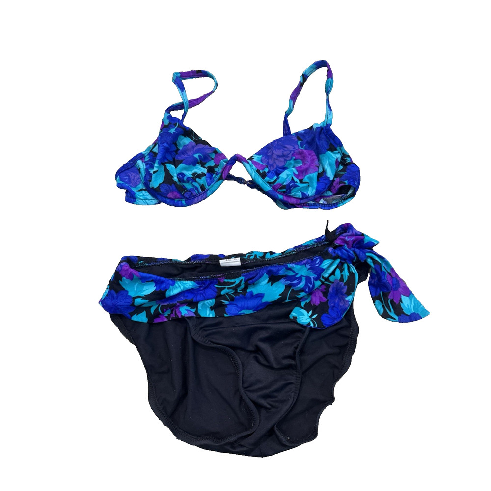 Vintage Athena Bikini Set Womens 8 10 Black Blue Floral Underwire Swim 2pc 90s